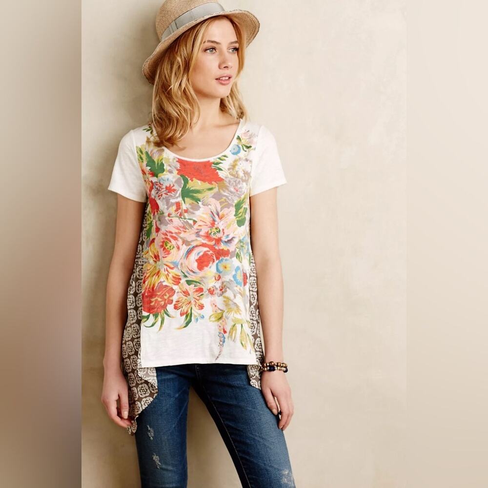 Little Yellow Button Anthropologie Elysia Handkerchief Hem Floral T Shirt Small